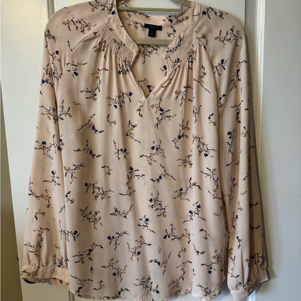 Ann Taylor Factory Blouse with Blue Floral Design